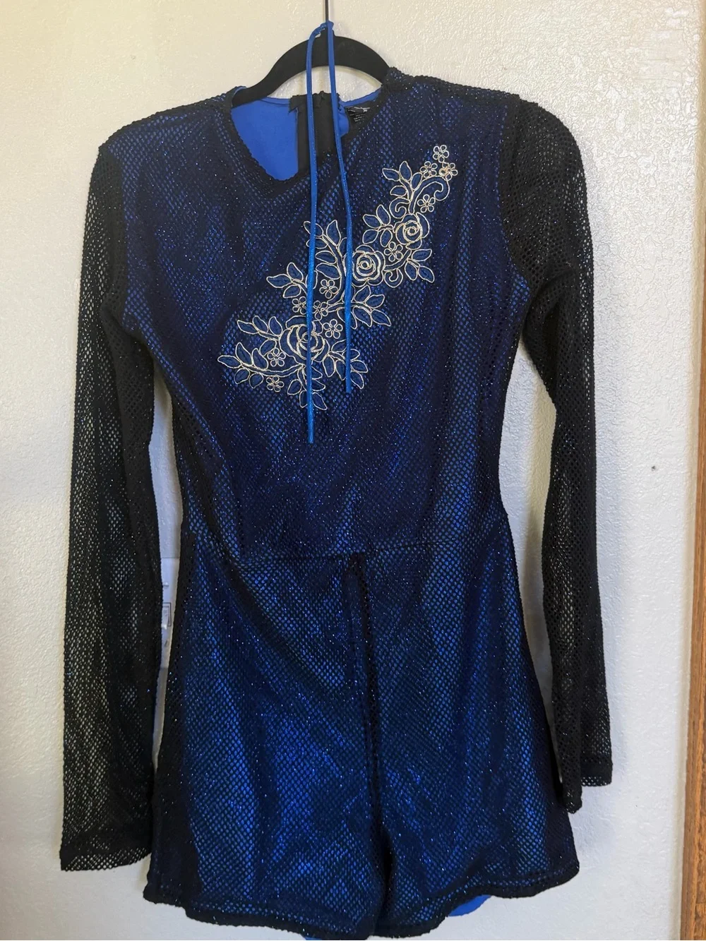 Blue Floral Embroidered Long-Sleeve Body Suit